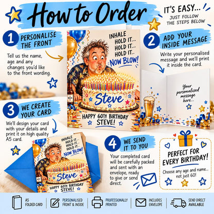 Personalised Funny Birthday Card for Him, Custom Age & Name Birthday Card, Too Many Candles Card, Personalised Inside