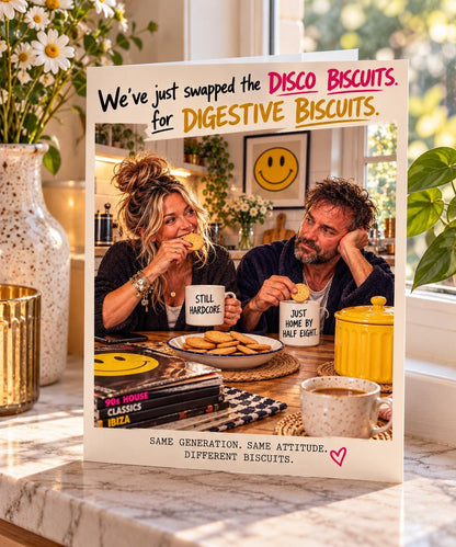 Funny Gen X Couples Birthday Card, Disco to Digestive Biscuits, 90s Rave, Retro Raver, A5 Card