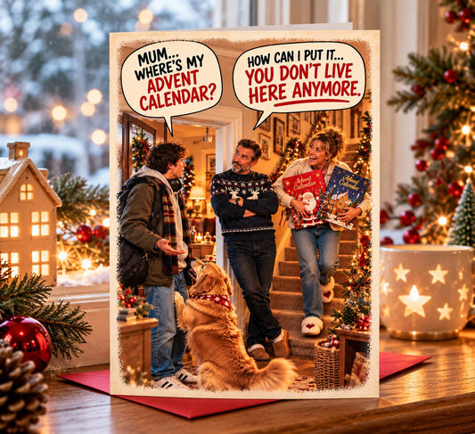 Funny Christmas Card for Adult Son or Daughter, Advent Calendar Joke Card, Mum Christmas Humour, Grown Up Kids Xmas Card