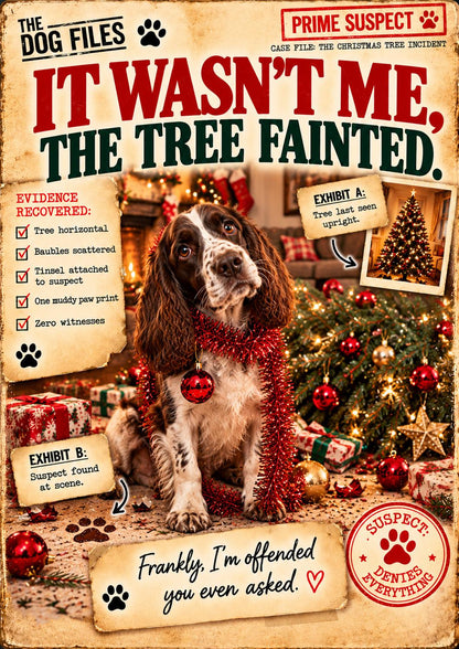 Funny Dog Christmas Card, Choose Your Breed or Add Your Dog, It Wasn’t Me The Tree Fainted, Personalised Xmas Card