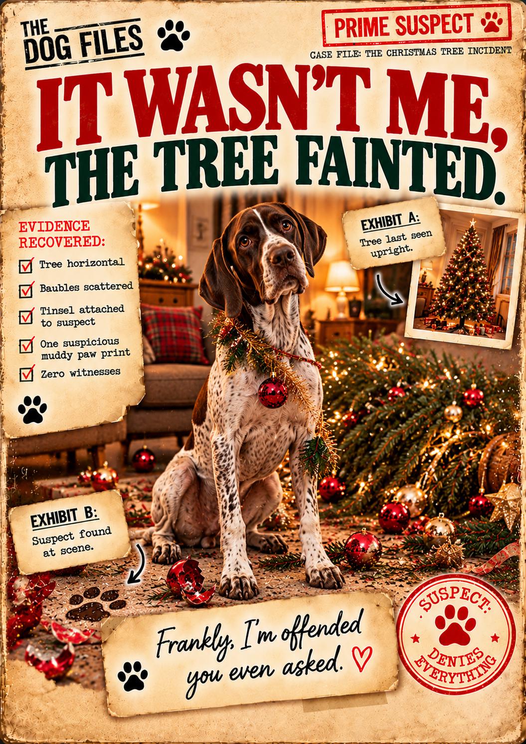 Funny Dog Christmas Card, Choose Your Breed or Add Your Dog, It Wasn’t Me The Tree Fainted, Personalised Xmas Card