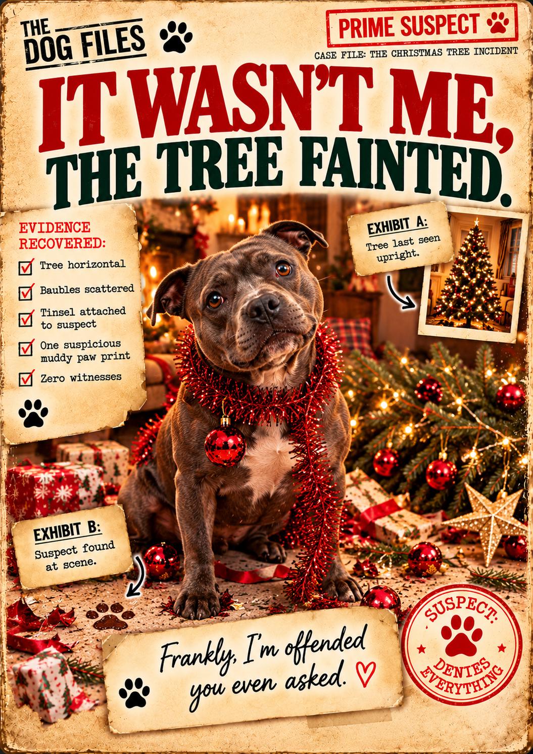 Funny Dog Christmas Card, Choose Your Breed or Add Your Dog, It Wasn’t Me The Tree Fainted, Personalised Xmas Card